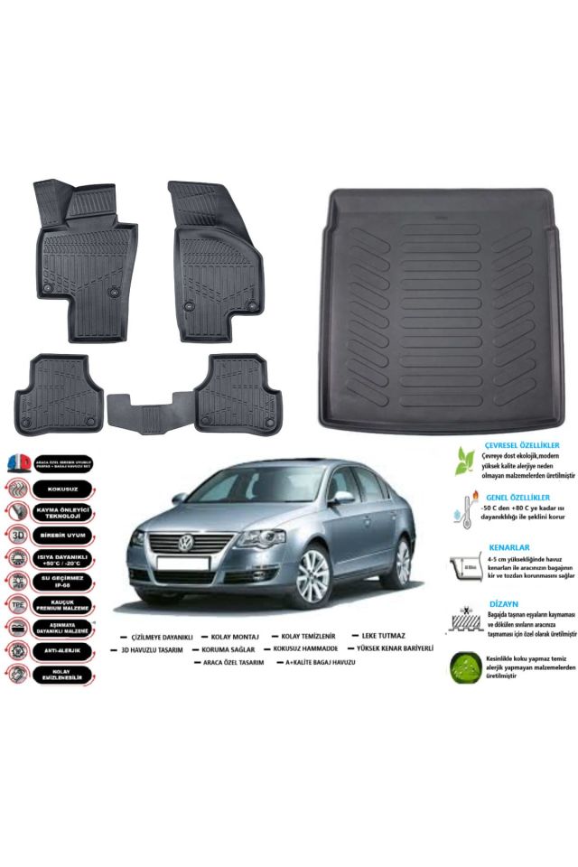 Volkswagen Passat B6 2009 Model Esnek Bagaj Havuzu Araca Özel Siyah Paspas Takımı