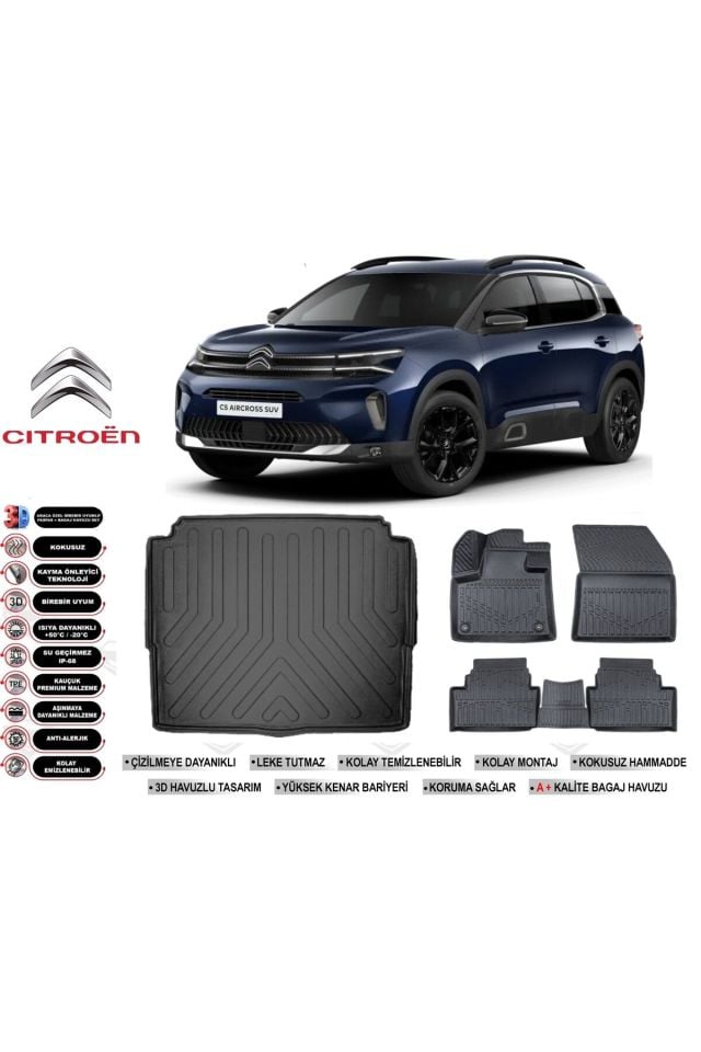 Citroen C5 Aircross 2025 Model Alt Bagaj Havuzu Araca Özel Siyah Havuzlu Paspas Takımı Sett