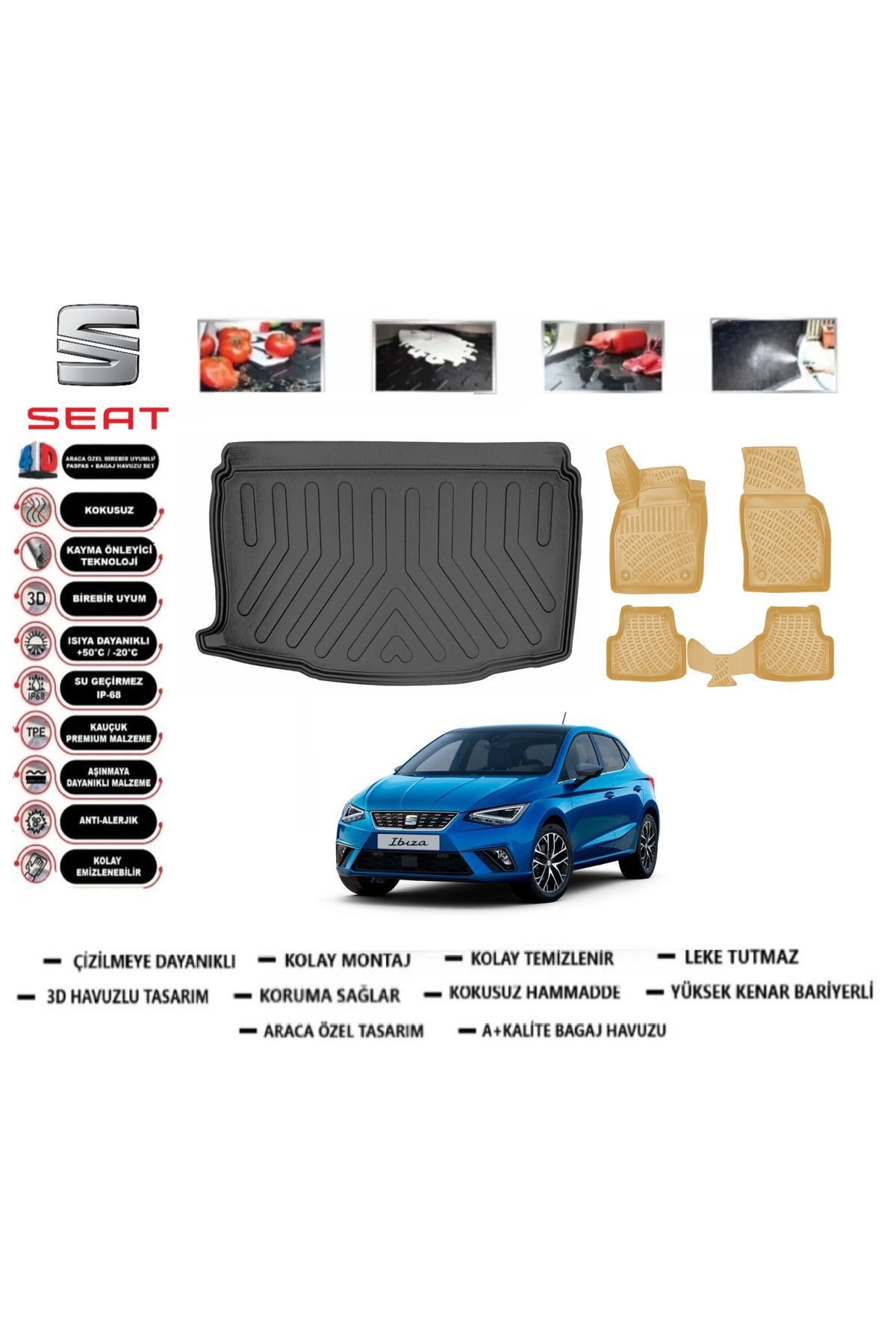 Seat İbiza 2023 Model Alt Bagaj Havuzu(paspası)+Araca Özel Bej Paspas Takımı Flex