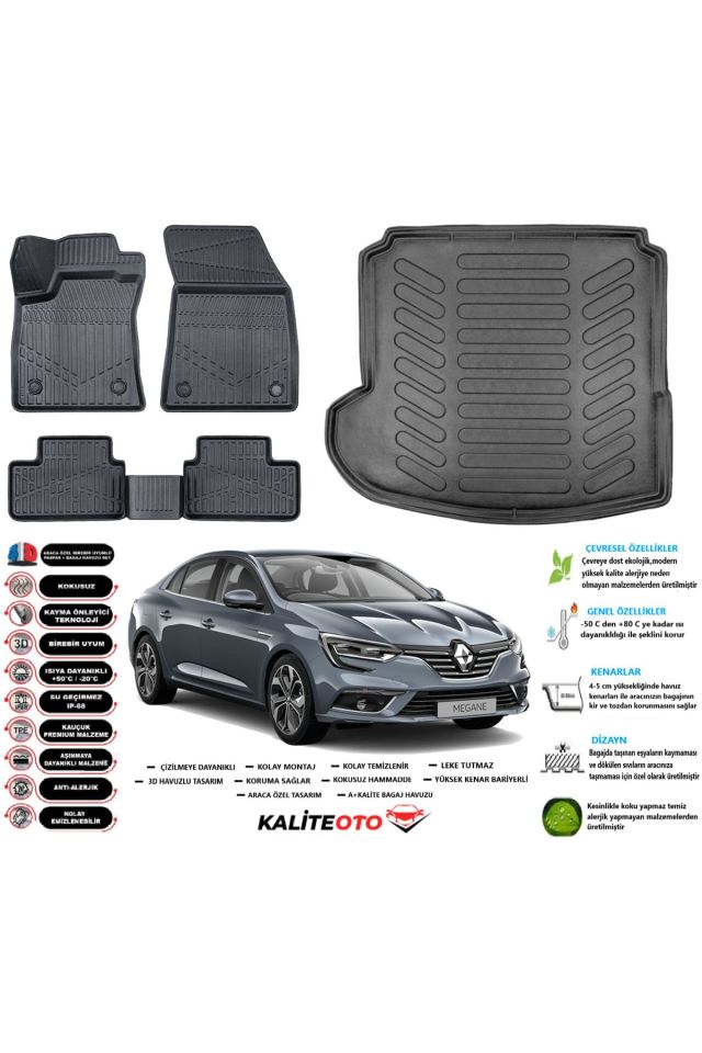 Renault Megane 4 2023 Model Sol Kulak Esnek Bagaj Havuzu Araca Özel Siyah Paspas Takımı