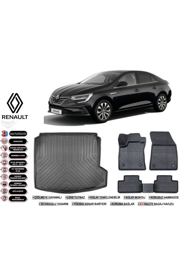 Renault Megane 4 2022 Model Sağ Kulak Bagaj Havuzu Araca Özel Siyah Havuzlu Paspas Takımı Sett