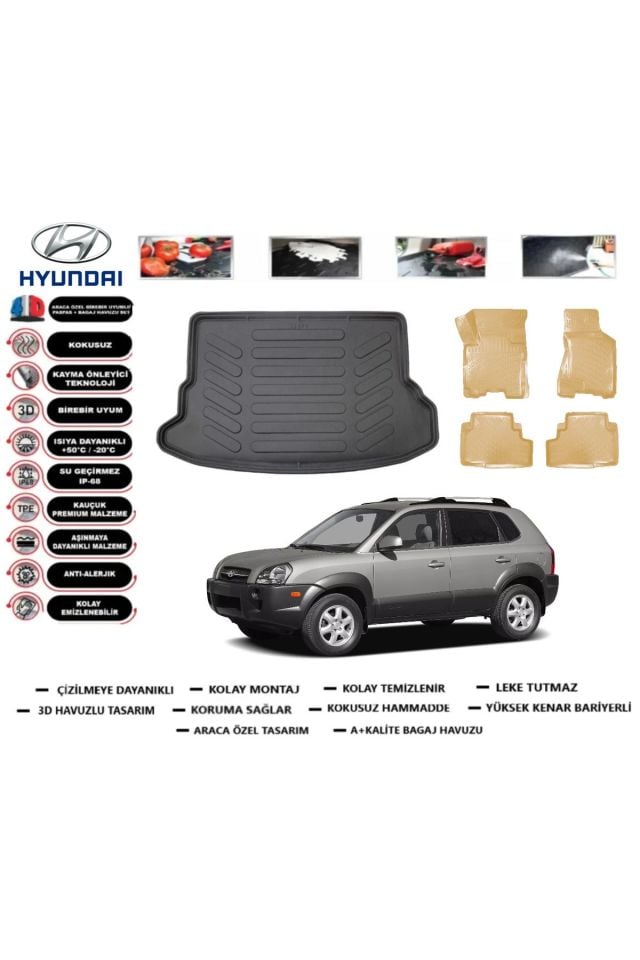 Hyundai Tucson 2008 Model Bagaj Havuzu+Araca Özel Bej Paspas Takımı Flex