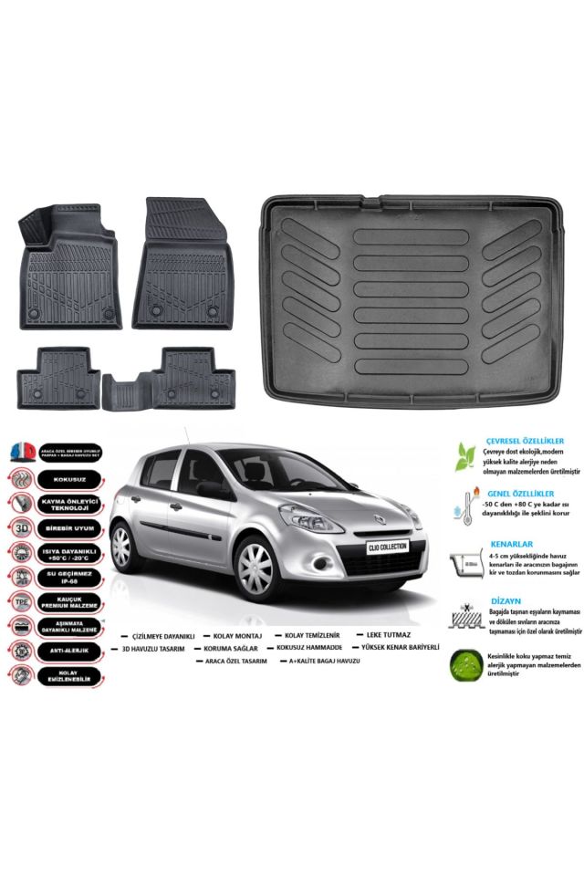 Renault Clio 3 2007 Model Kancasız Esnek Bagaj Havuzu Araca Özel Siyah Paspas Takımı