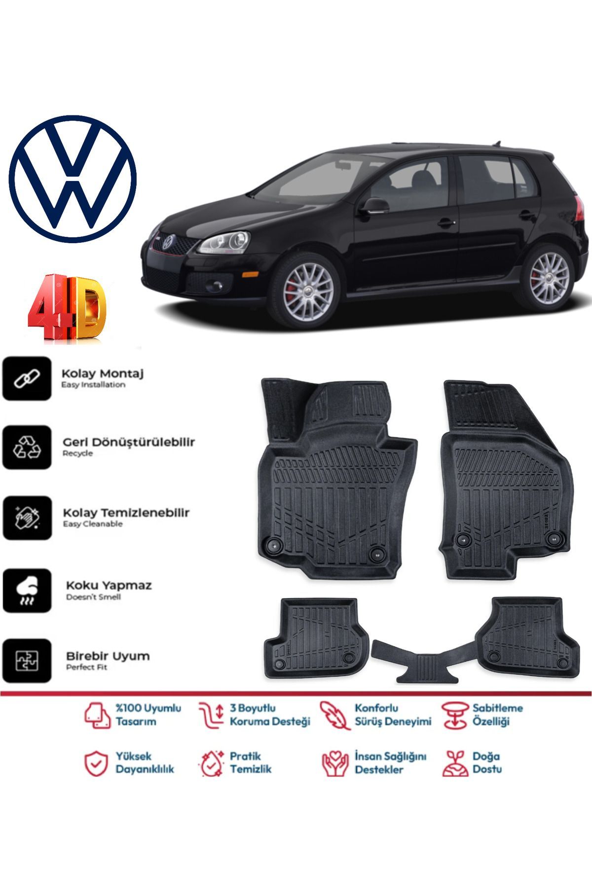 Volkswagen Golf 5 2003-2008 4.5D Plus Havuzlu Siyah Paspas Takımı Yumuşak