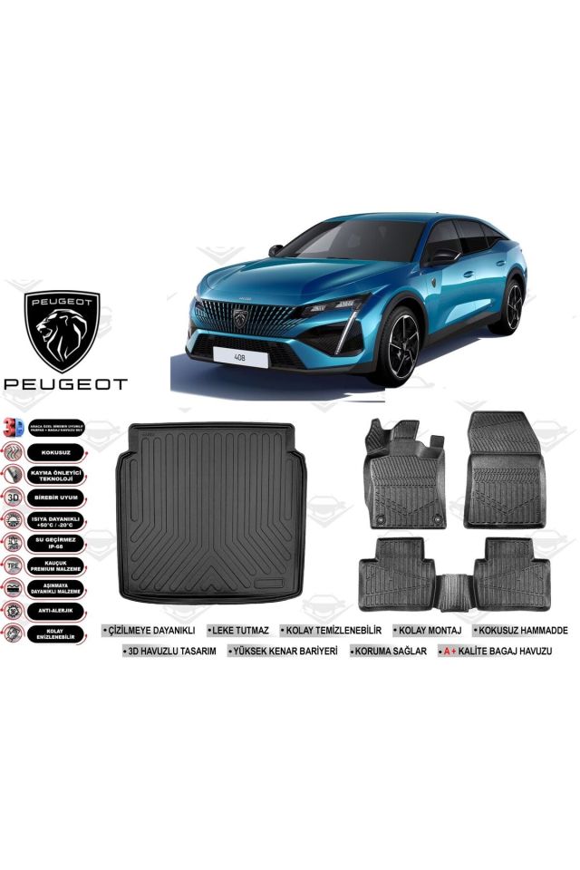 Peugeot 408 2025 Model Bagaj Havuzu Araca Özel Siyah Havuzlu Paspas Takımı Sett