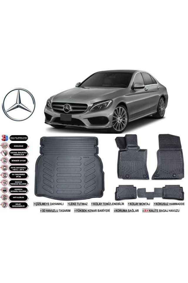 Mercedes C Serisi W205 2016 Model Rampalı Bagaj Havuzu Araca Özel Siyah Havuzlu Paspas Takımı Sett