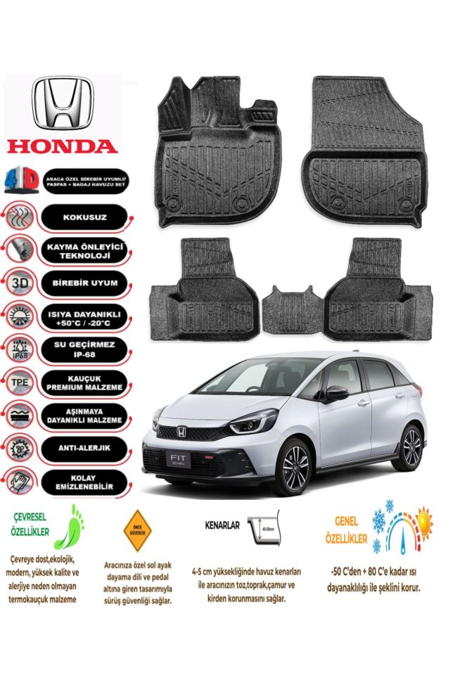 Honda Jazz 2021 Model 4D Araca Özel Havuzlu Kokusuz Paspas Takımı