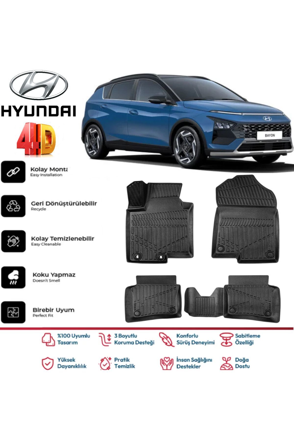 Hyundai Bayon 2021 Ve Sonrası 4.5D Plus Havuzlu Siyah Paspas Takımı Yumuşak