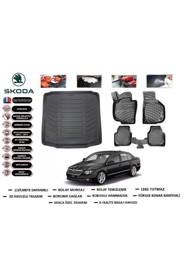 Skoda Super B 2012 Model Bagaj Havuzu Araca Özel Paspas Takımı Prrox