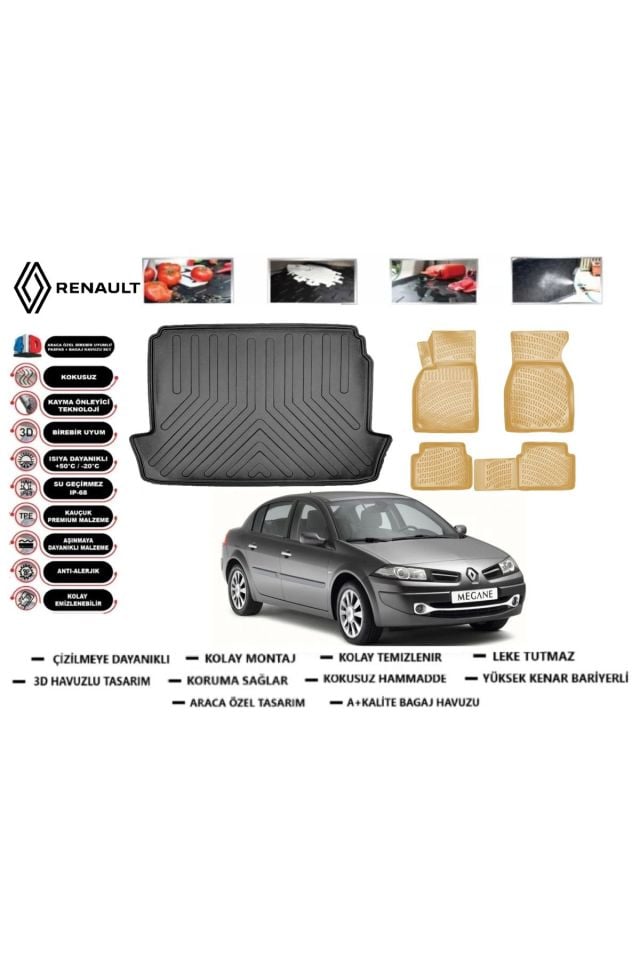 Renault Megane 2 Sedan 2005 Model Bagaj Havuzu+Araca Özel Bej Paspas Takımı Flex