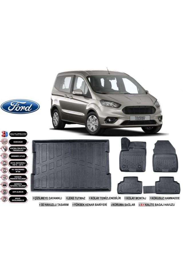 Ford Courier 2022 Model Bagaj Havuzu Araca Özel Siyah Havuzlu Paspas Takımı Sett
