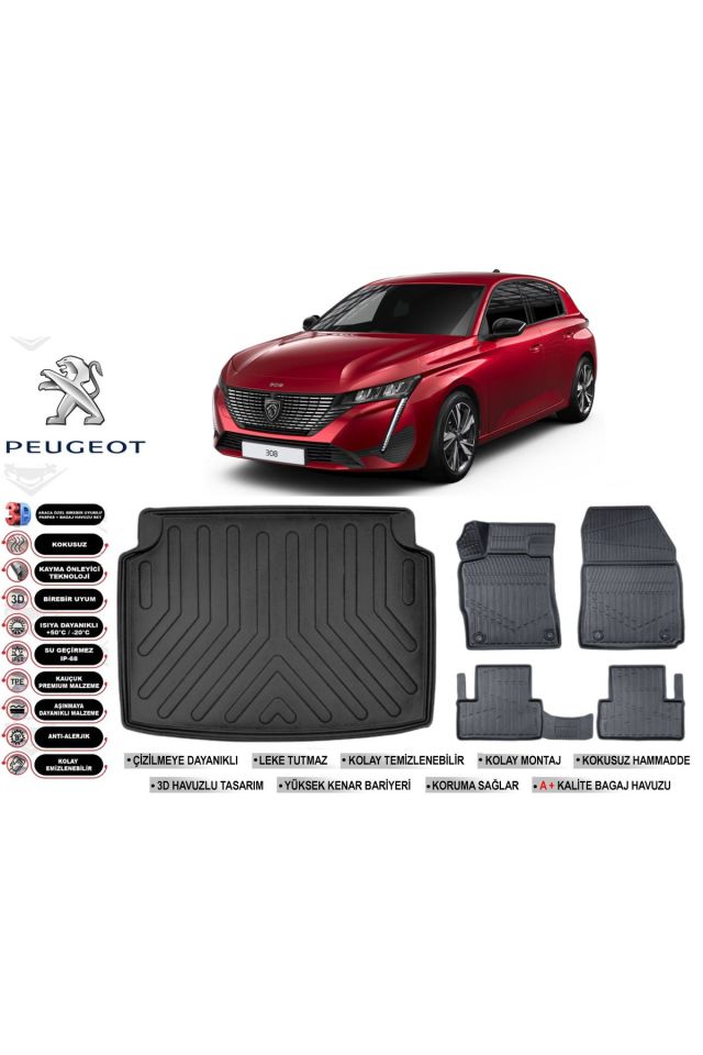 Peugeot 308 2022 Model Bagaj Havuzu Araca Özel Siyah Havuzlu Paspas Takımı Sett