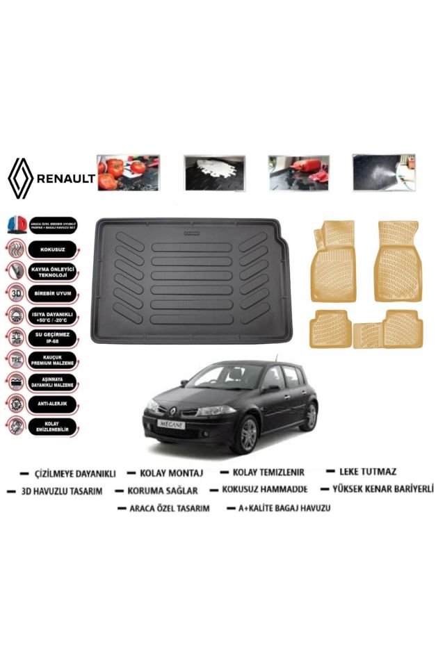 Renault Megane 2 HB 2003 Model Bagaj Havuzu+Araca Özel Bej Paspas Takımı Flex