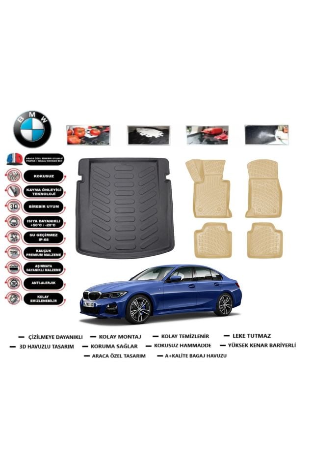 Bmw 3 serisi F30 2013 Model Bagaj Havuzu+Araca Özel Bej Paspas Takımı Flex