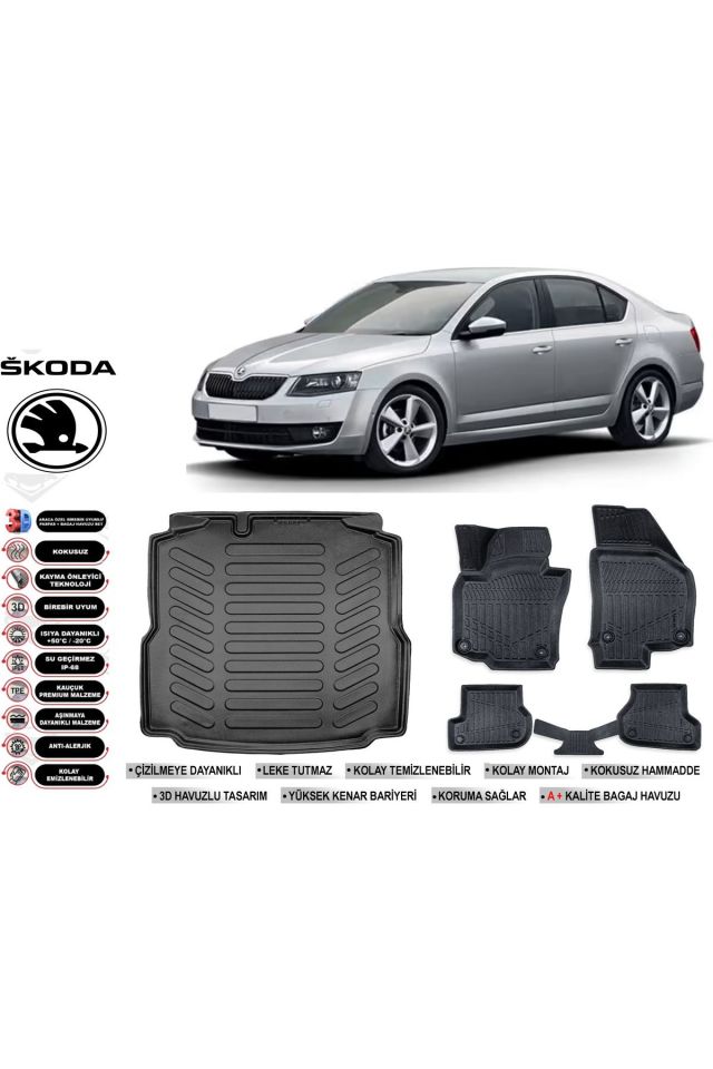 Skoda Octavia 2016 Model Bagaj Havuzu Araca Özel Siyah Havuzlu Paspas Takımı Sett