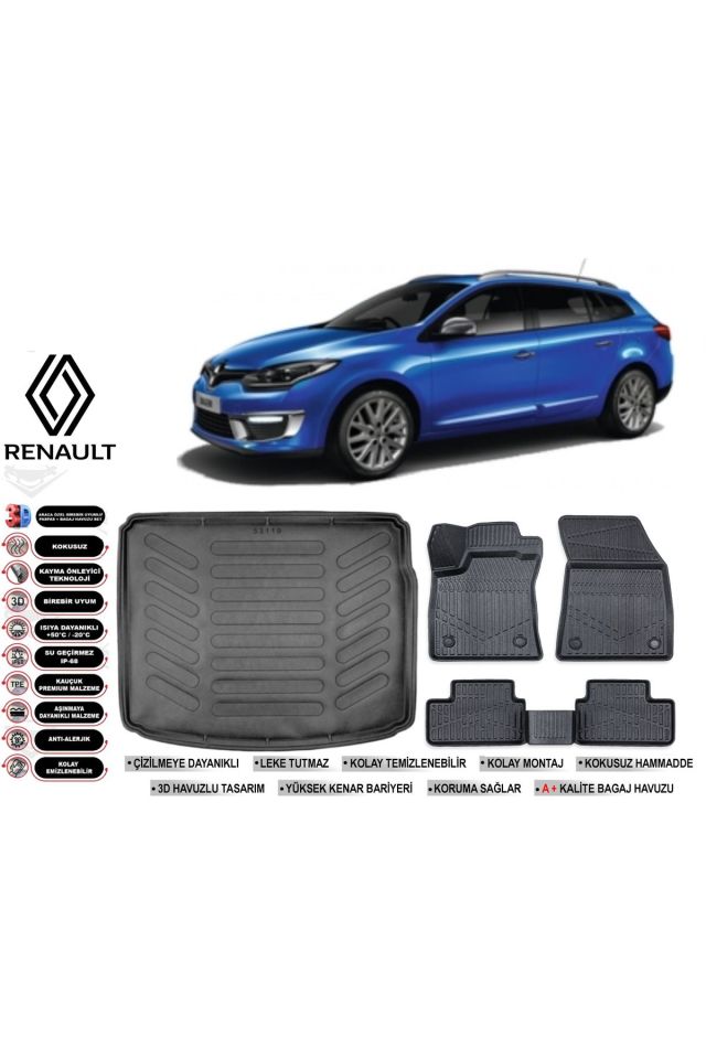 Renault Megane 3 Sporttourer 2014 Model Bagaj Havuzu Araca Özel Siyah Havuzlu Paspas Takımı Sett