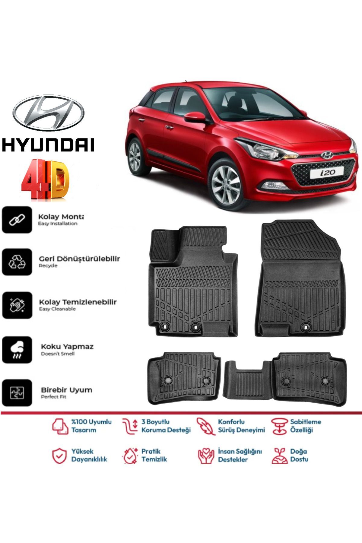 Hyundai İ20 2014-2020 4.5D Plus Havuzlu Siyah Paspas Takımı Yumuşak