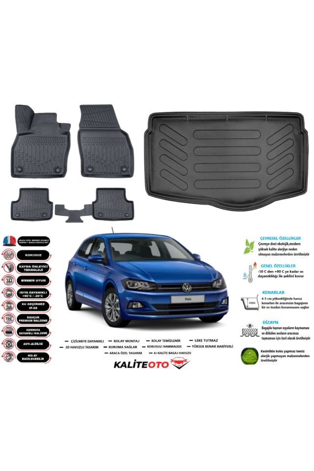Volkswagen Polo 2017 Model Alt Esnek Bagaj Havuzu Araca Özel Siyah Paspas Takımı
