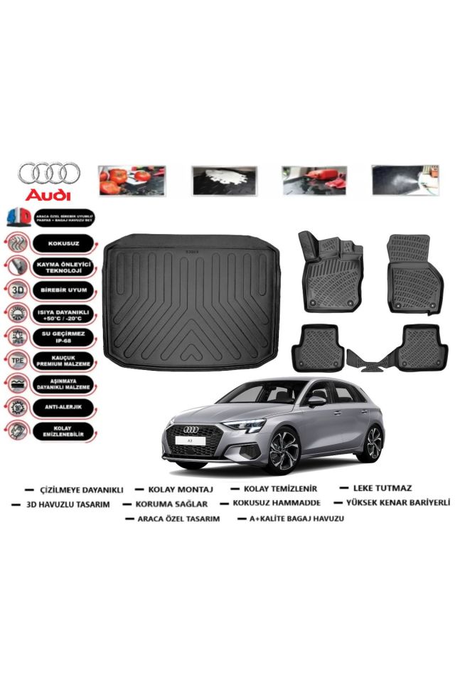 Audi A3 HB 2023 Model Bagaj Havuzu Araca Özel Paspas Takımı Prrox