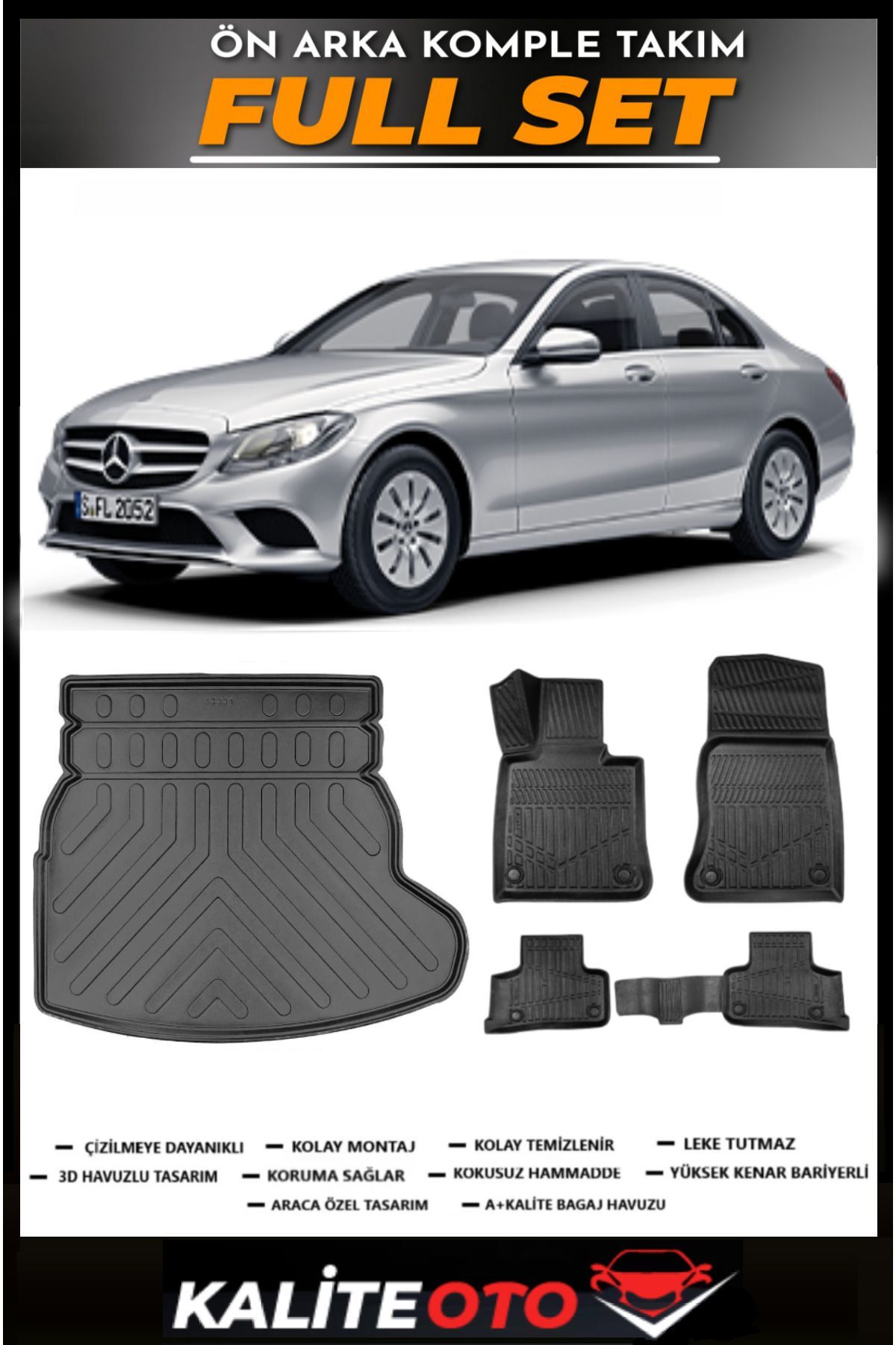 Mercedes C Serisi Rampalı Kulaklı Bagaj Havuzu+4.5D Havuzlu Paspas Seti 2019 Model