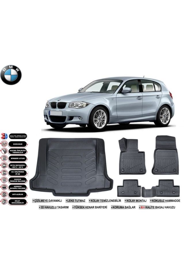 Bmw 1 Serisi E87 2007 Model Bagaj Havuzu Araca Özel Siyah Havuzlu Paspas Takımı Sett