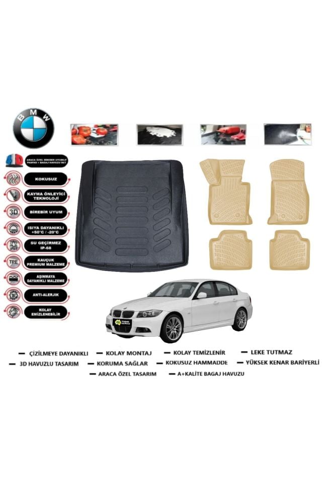 Bmw 3 serisi E90 2006 Model Bagaj Havuzu+Araca Özel Bej Paspas Takımı Flex