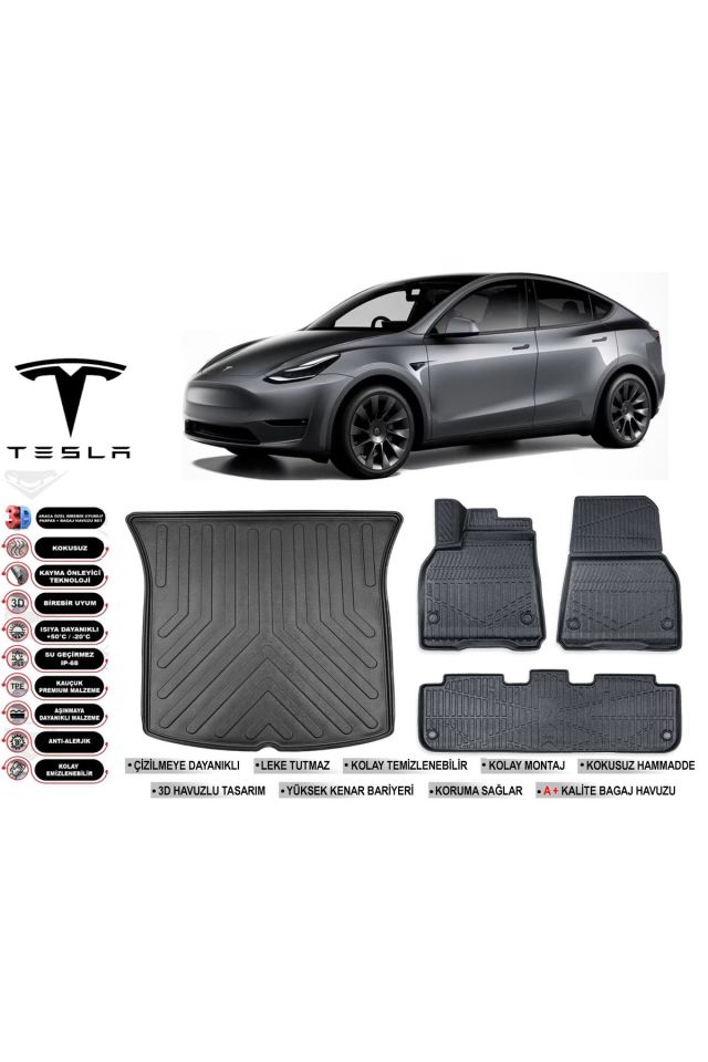 Tesla Model Y 2019 Model Bagaj Havuzu Araca Özel Siyah Havuzlu Paspas Takımı Sett