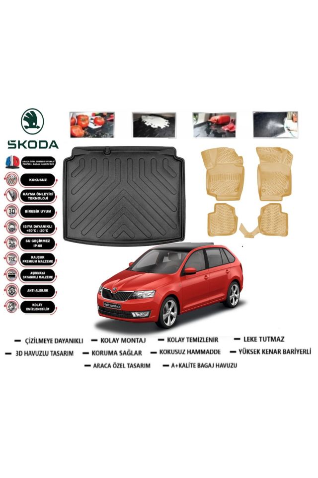 Skoda Rapıd HB 2013 Model Bagaj Havuzu(paspası)+Araca Özel Bej Paspas Takımı Flex