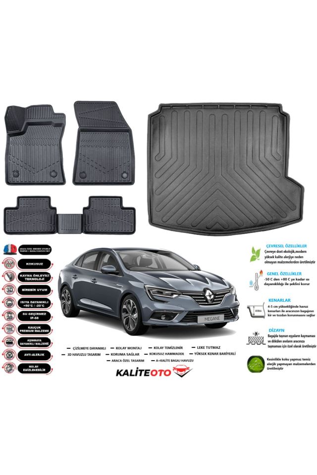 Renault Megane 4 2022 Model Sağ Kulak Esnek Bagaj Havuzu Araca Özel Siyah Paspas Takımı