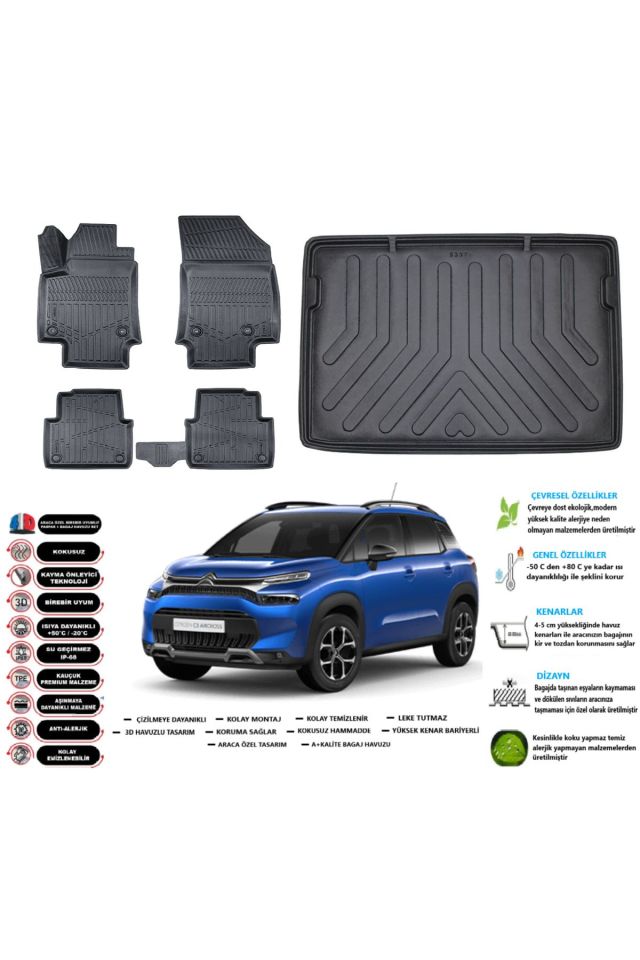 Citroen C3 Aircross 2022 Model Üst Kademe Esnek Bagaj Havuzu Araca Özel Siyah Kokusuz Paspas Takımı