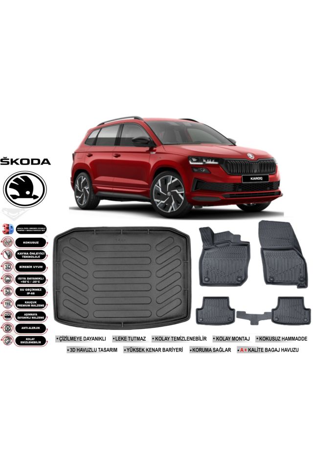 Skoda Karoq 2021 Model Bagaj Havuzu Araca Özel Siyah Havuzlu Paspas Takımı Sett