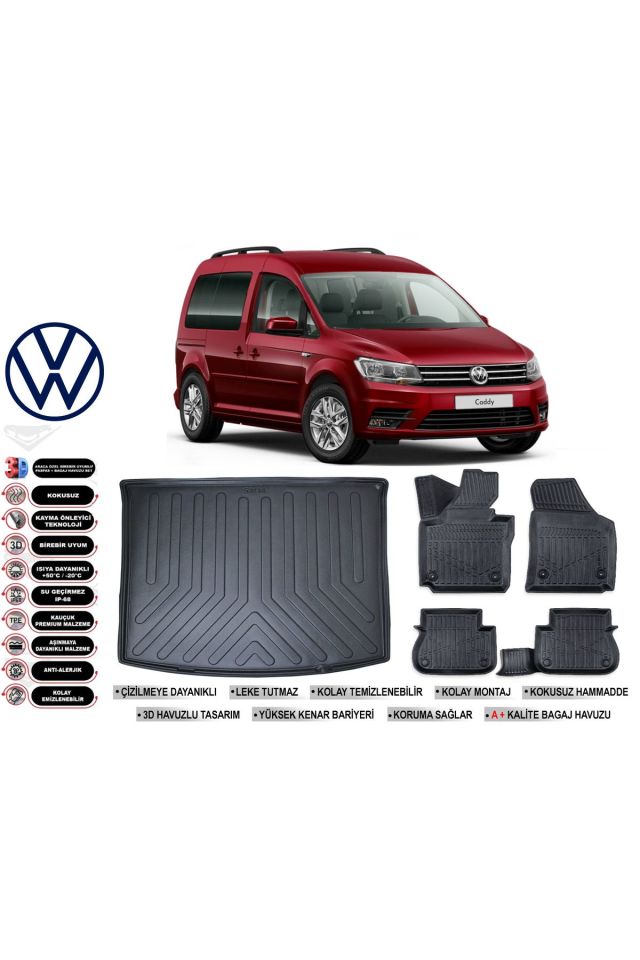 Volkswagen Caddy 2016 Model Bagaj Havuzu Araca Özel Siyah Havuzlu Paspas Takımı Sett