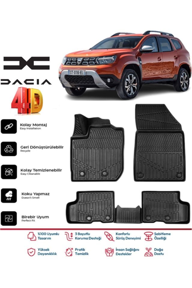 Dacia Duster 4X4 2018-2022 4.5D Plus Havuzlu Siyah Paspas Takımı Yumuşak