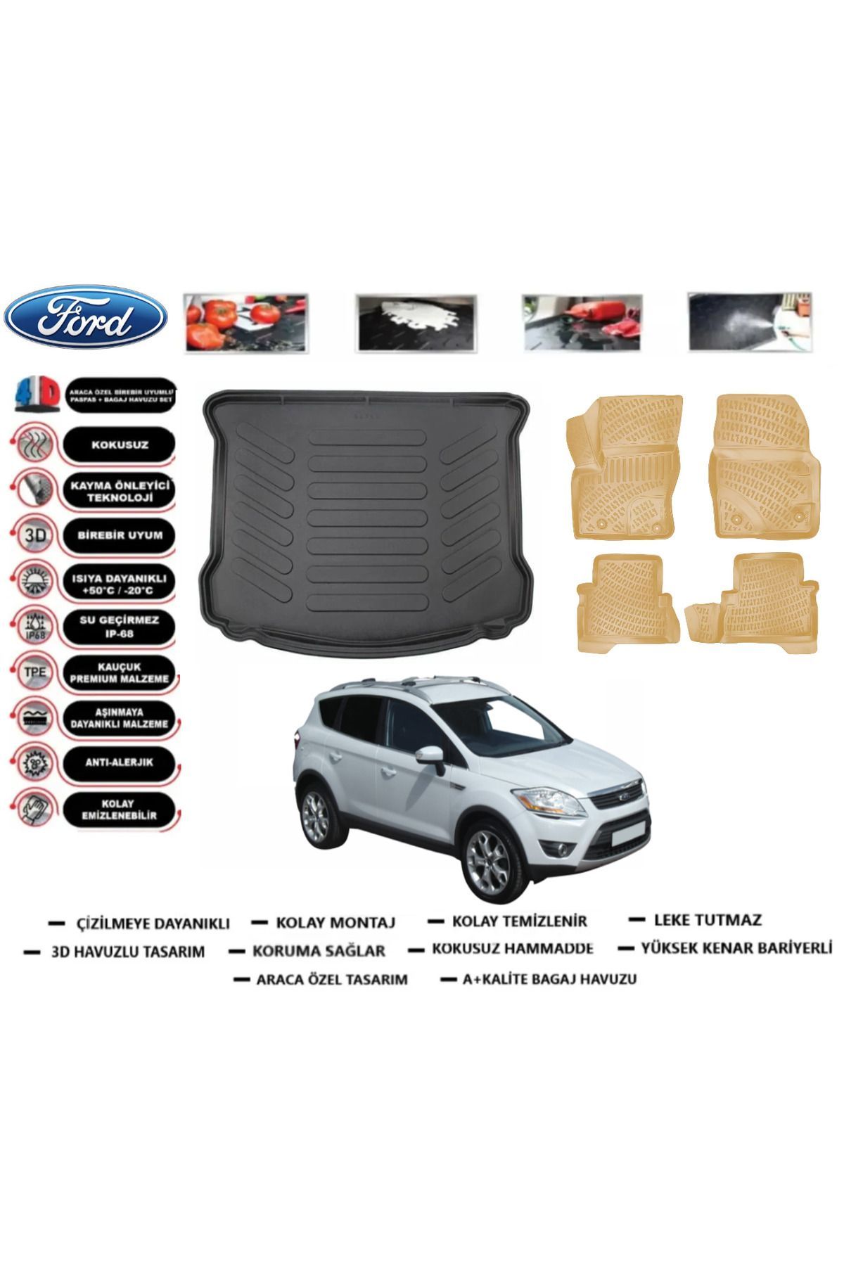 Ford Kuga 2008 Model Bagaj Havuzu+Araca Özel Bej Paspas Takımı Flex