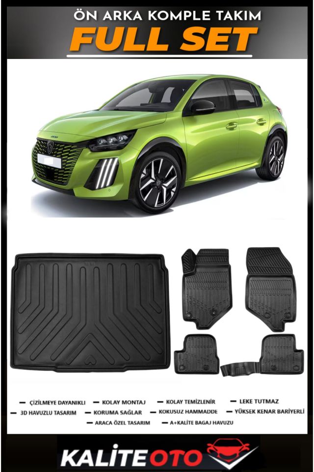 Peugeot 208 Bagaj Havuzu+4.5D Havuzlu Paspas Seti 2020 Model