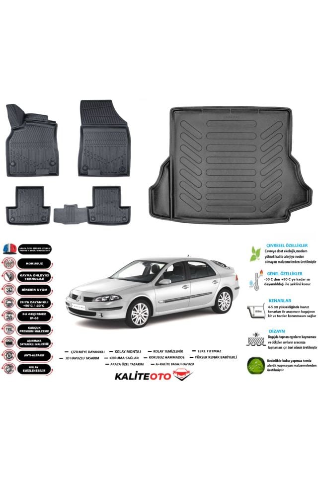 Renault Laguna 2 2006 Model Esnek Bagaj Havuzu Araca Özel Siyah Paspas Seti