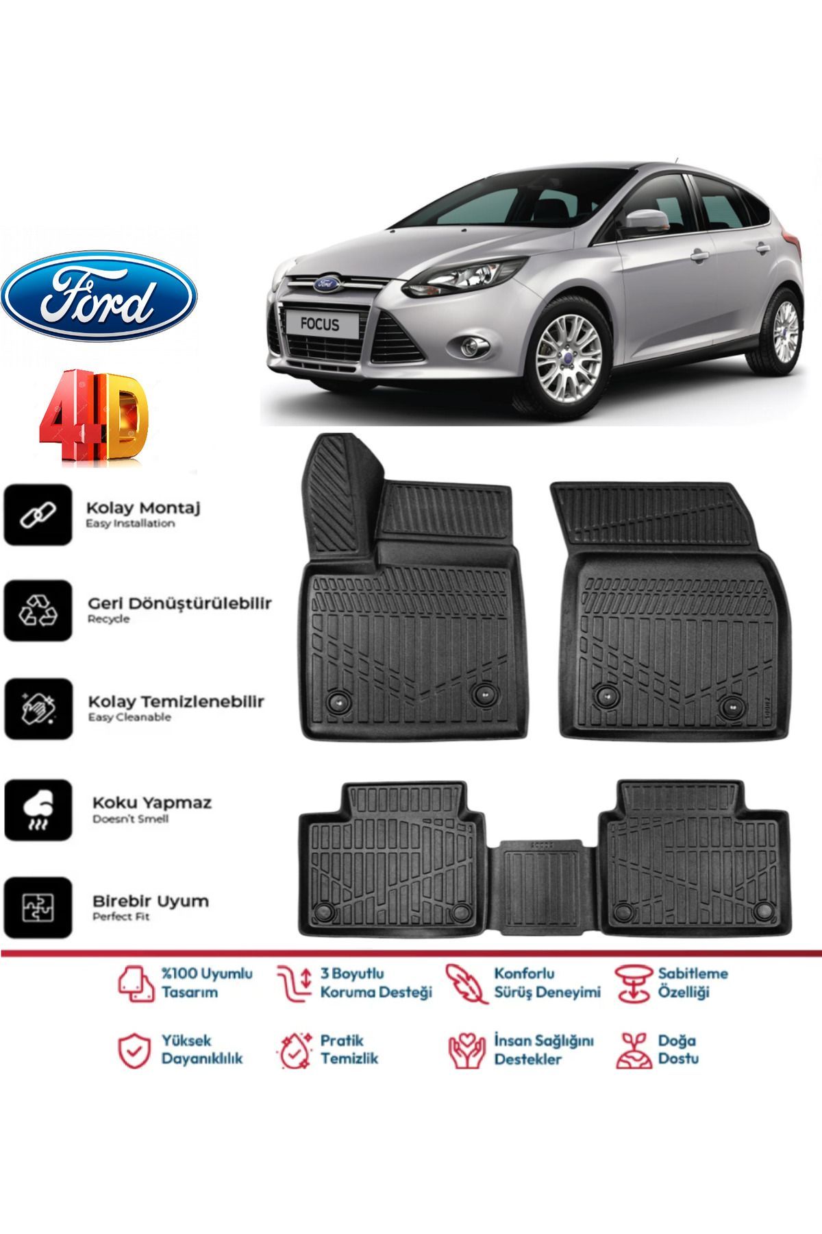 Ford Focus 3 Hatchback 2011-2014 4.5D Plus Havuzlu Siyah Paspas Takımı Yumuşak