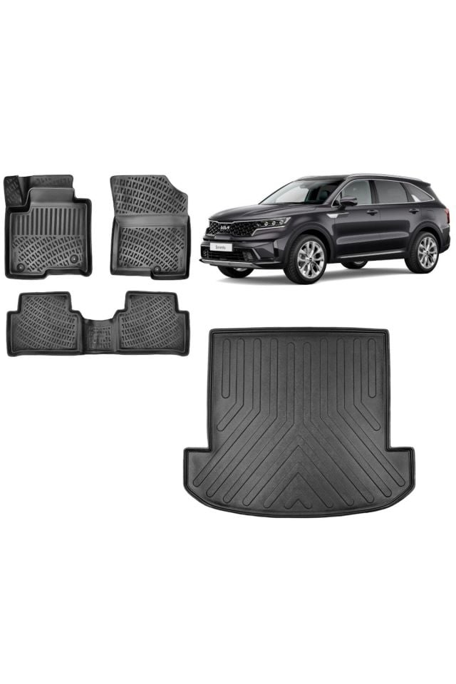 Kia Sorento 2023 (5 KOLTUK) Model 3D Bagaj Havuzu+3D Havuzlu Araca Özel Paspas Takımı