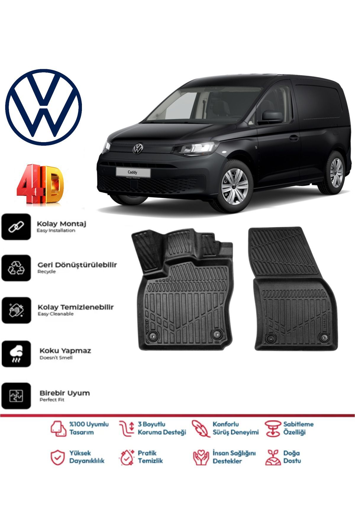 Volkswagen Caddy Panelvan 2020 Ve Sonrası 4D Havuzlu Paspas Pro Serisi Paspas Takımı Yumuşak