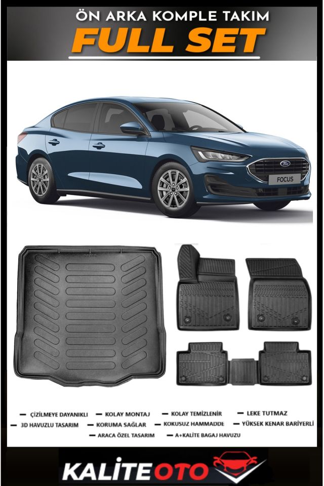 Ford Focus 5 Sedan Tamir kitli Bagaj Havuzu+4.5D Havuzlu Paspas Seti 2024 Model