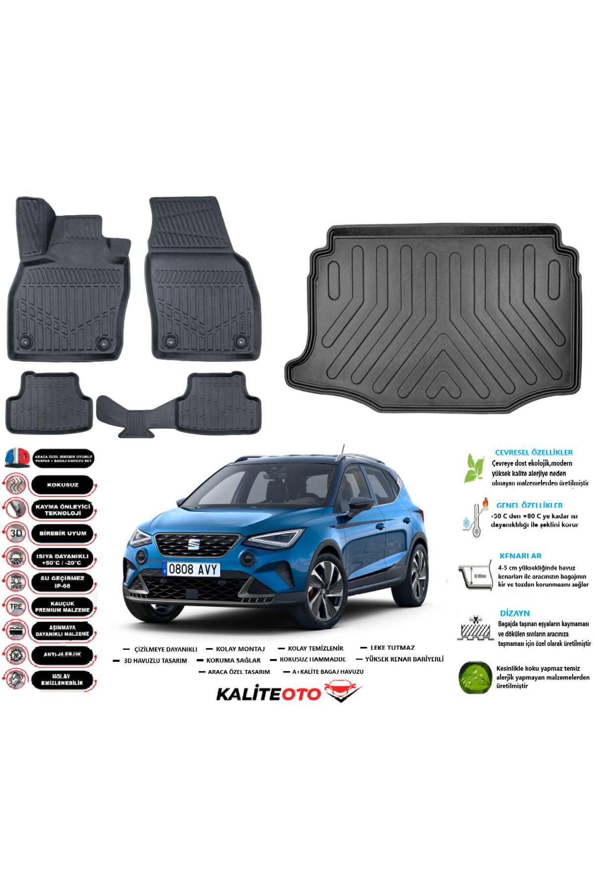 Seat Arona 2022 Model Alt Esnek Bagaj Havuzu Araca Özel Siyah Paspas Takımı