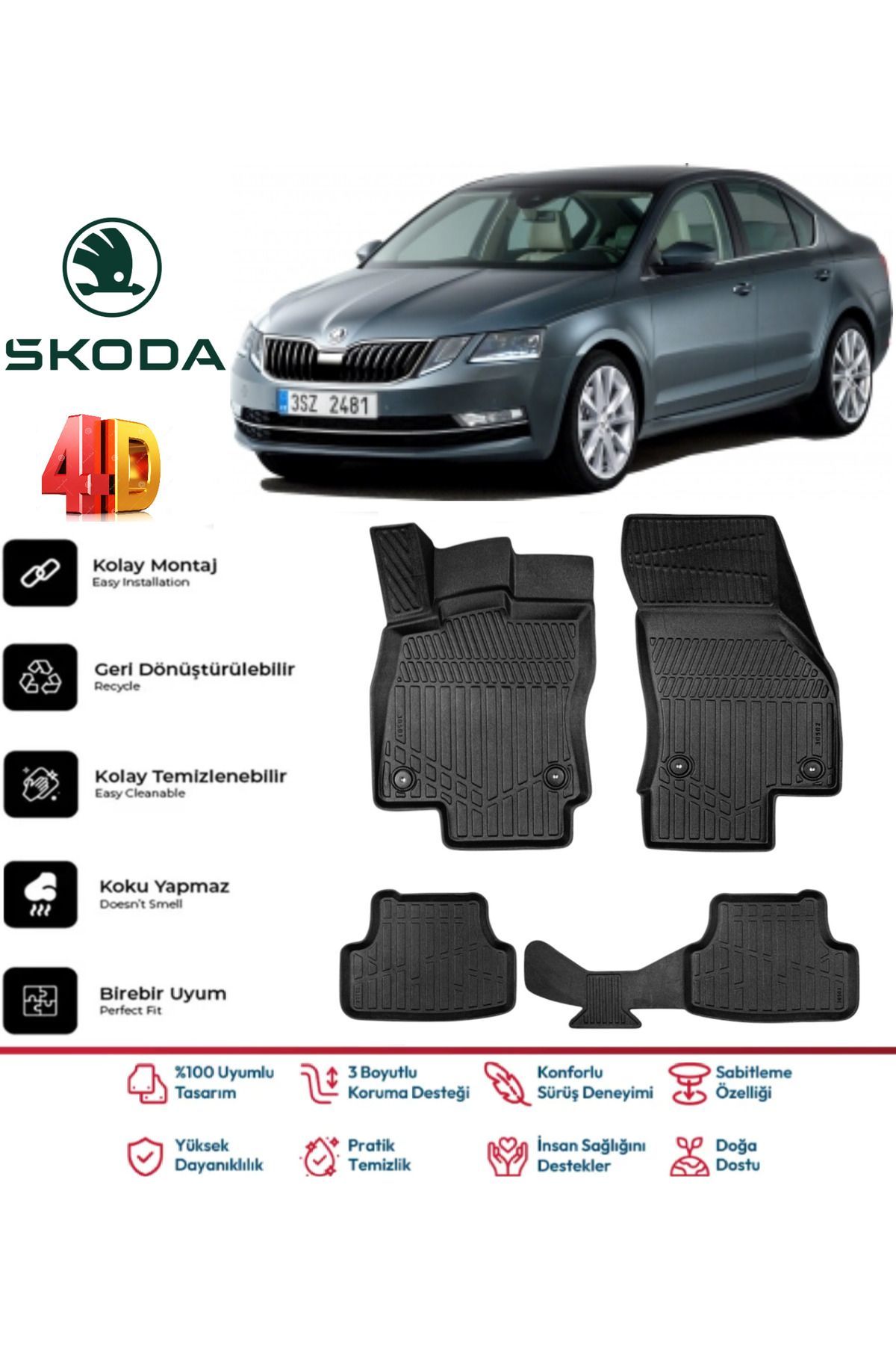 Skoda Octavia 2013-2019 4.5D Plus Havuzlu Siyah Paspas Takımı Yumuşak