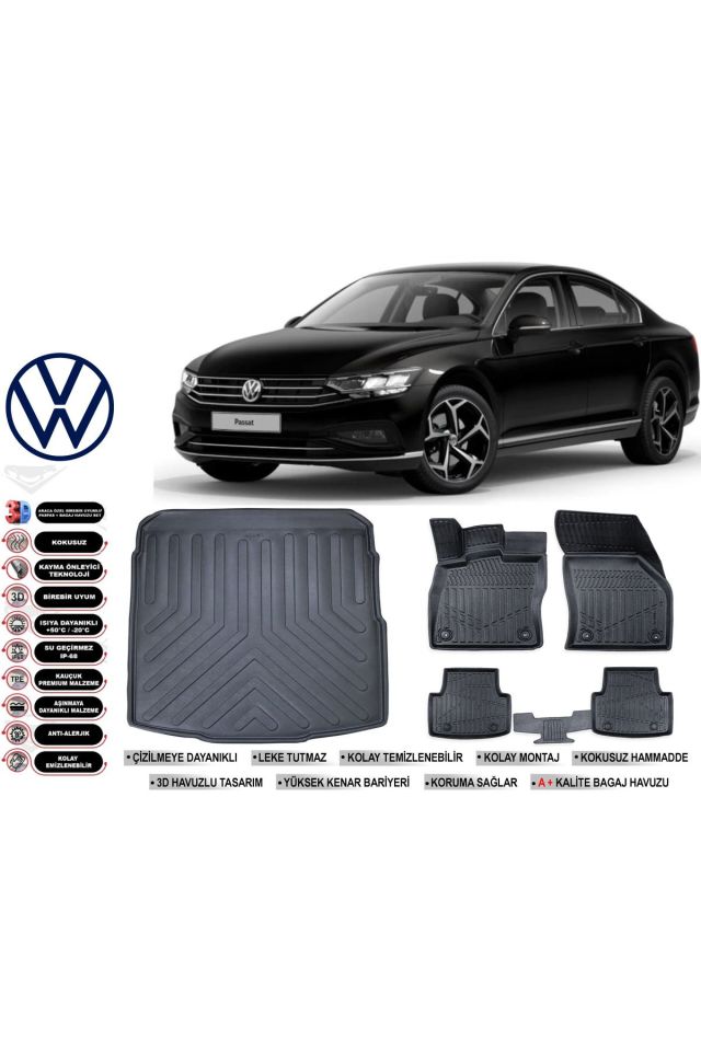 Volkswagen Passat B8 2018 Model Bagaj Havuzu Araca Özel Siyah Havuzlu Paspas Takımı Sett