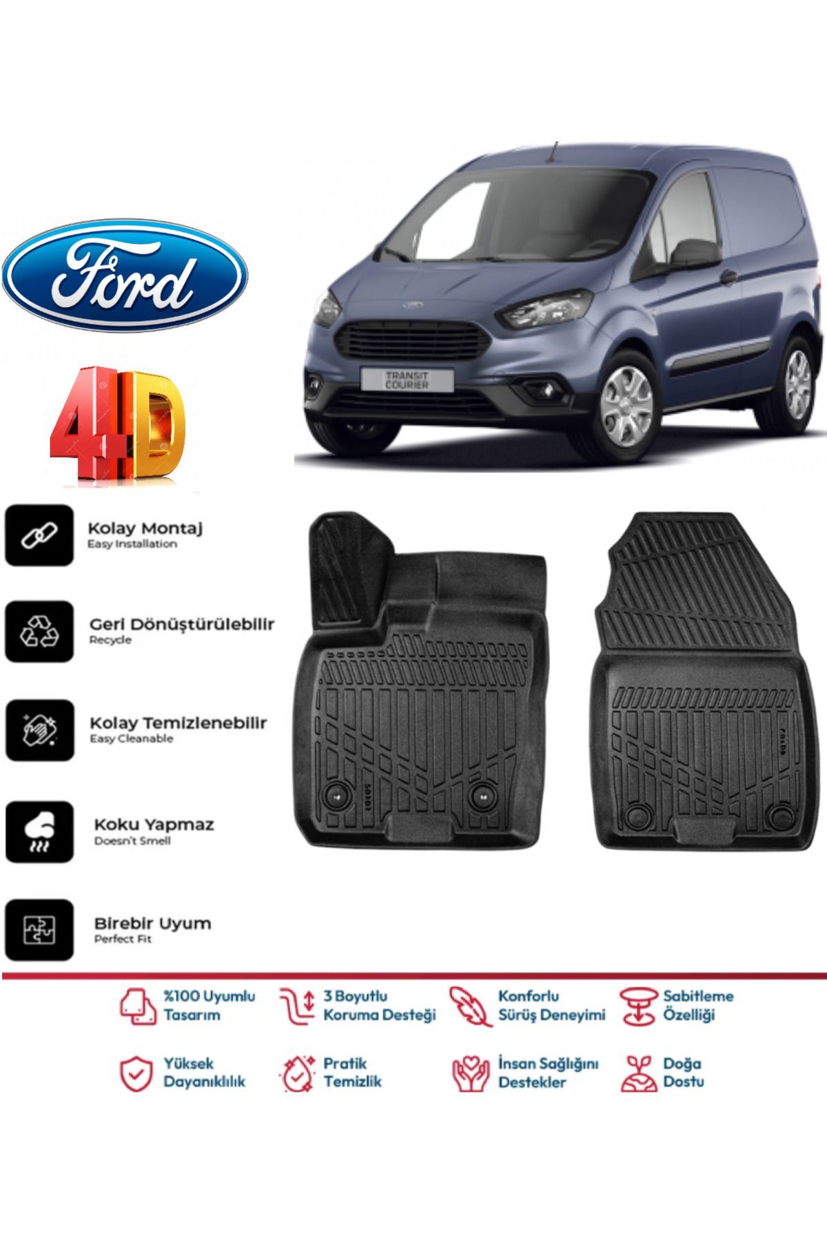Ford Courier 2014-2023 4.5D Plus Havuzlu Siyah Paspas Takımı Yumuşak