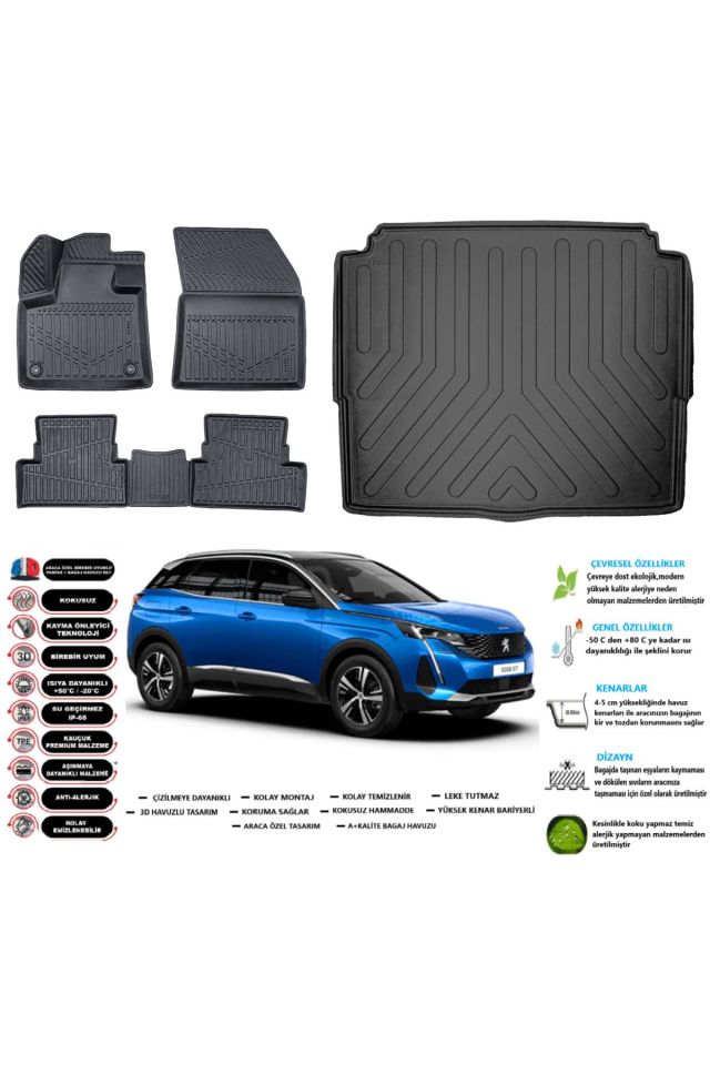 Peugeot 3008 2019 Model Alt Esnek Bagaj Havuzu Araca Özel Siyah Paspas Seti