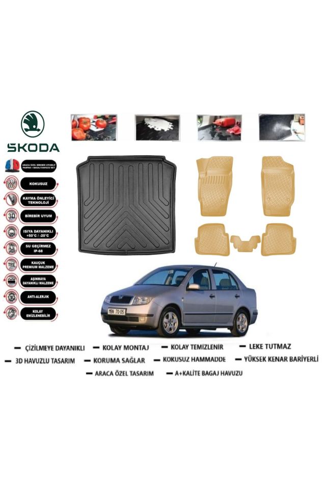 Skoda Fabia Sedan 2004 Model Bagaj Havuzu(paspası)+Araca Özel Bej Paspas Takımı Flex