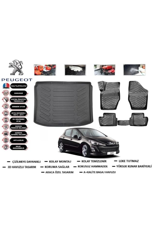 Peugeot 308 2013 Model Bagaj Havuzu Araca Özel Paspas Takımı Prrox