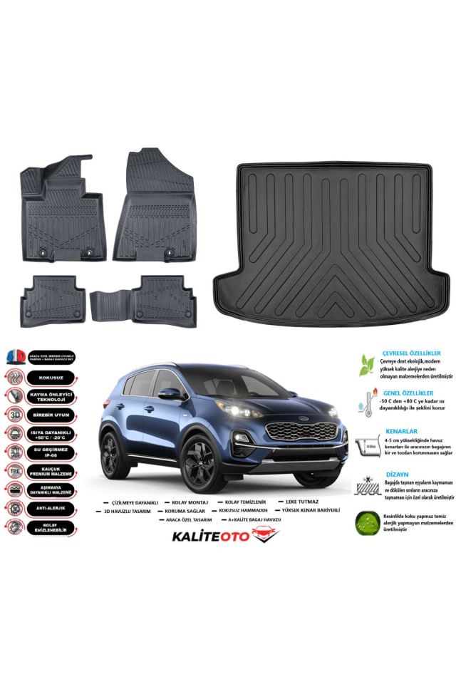 Kia Sportage 2016 Model Esnek Bagaj Havuzu Araca Özel Siyah Paspas Takımı