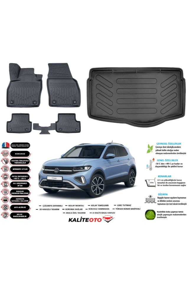 Volkswagen T-Cross 2021 Model Alt Esnek Bagaj Havuzu Araca Özel Siyah Paspas Takımı