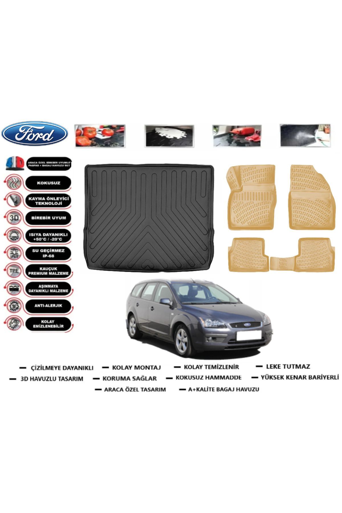 Ford Focus 2 STW 2010 Model Bagaj Havuzu+Araca Özel Bej Paspas Takımı Flex